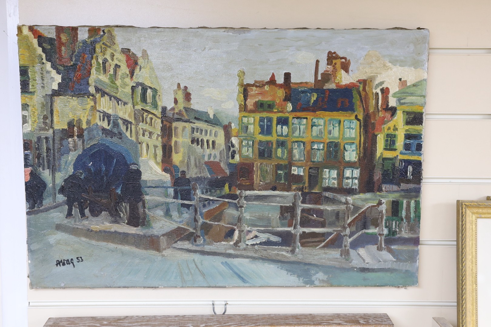 Continental School, oil on canvas, Dutch waterside buildings, indistinctly signed and dated '53, 40 x 60cm, unframed